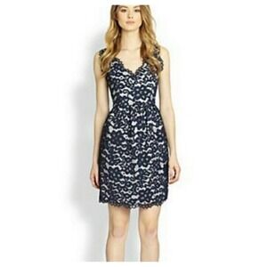 Shoshanna Women's Sierra Navy V-Neck Lace Sheath Dress Lined Pockets Size 6 $335